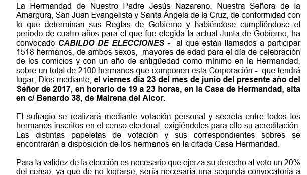 CONVOCATORIA DE CABILDO DE ELECCIONES EN LA HERMANDAD DE NUESTRO PADRE JESÚS NAZARENO
