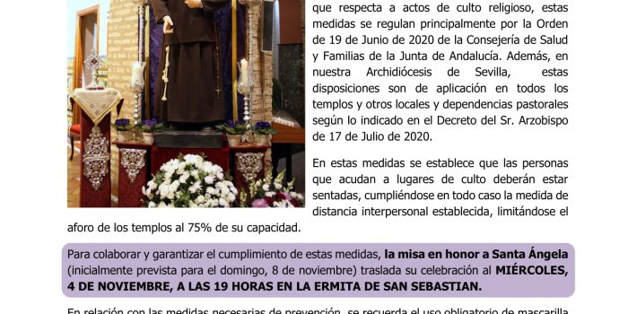 Nota informativa sobre la Misa en honor a Santa Ángela