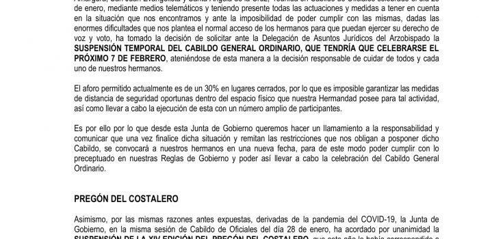 Suspensión temporal del Cabildo General Ordinario 2021 y suspensión del XIV Pregón del Costalero