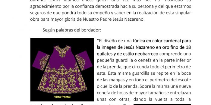 Nueva túnica bordada para Nuestro Padre Jesús Nazareno