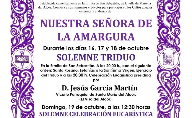 Cultos a Nuestra Señora de la Amargura, del 16 al 19 de octubre