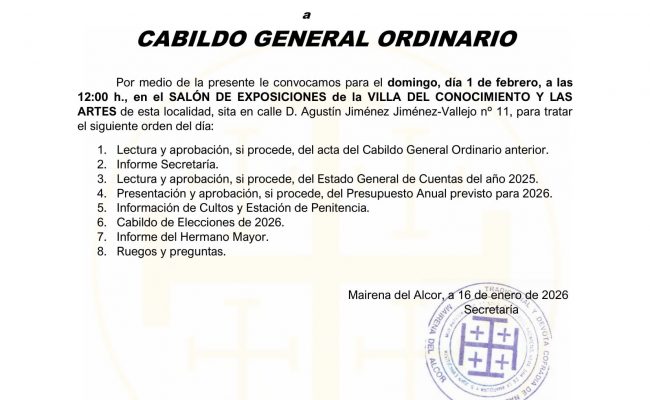 Convocatoria para Cabildo General Ordinario, año 2026
