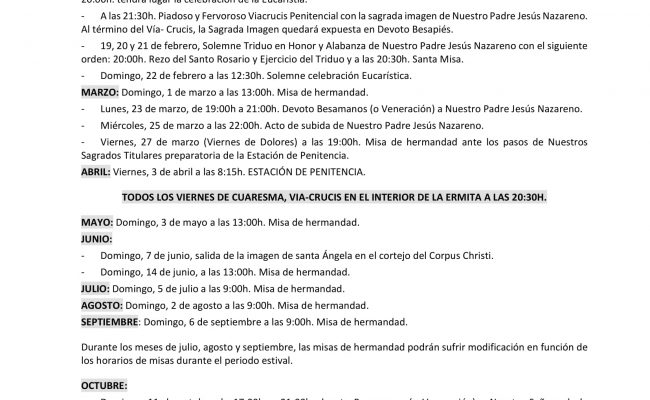 Calendario de Cultos del año 2026