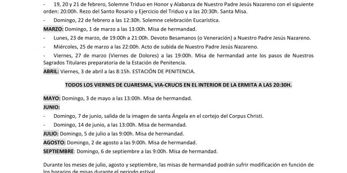 Calendario de Cultos del año 2026