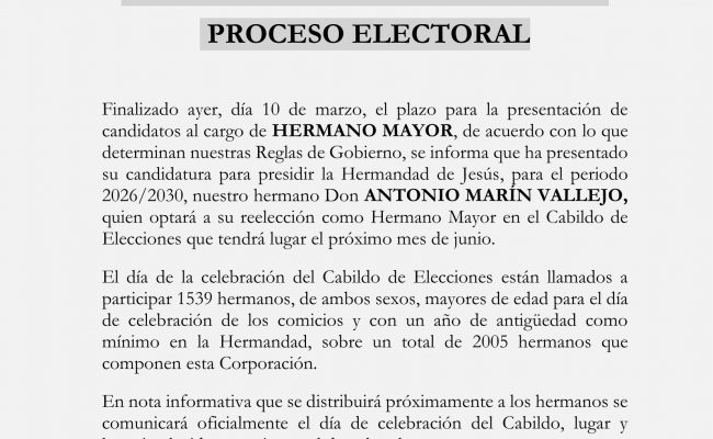 PROCESO ELECTORAL. INFORMACIÓN A LOS HERMANOS